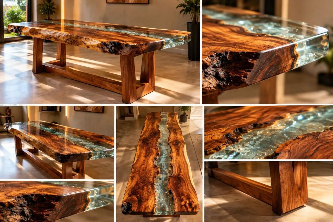 Mesa de madeira com resina cristalizado 