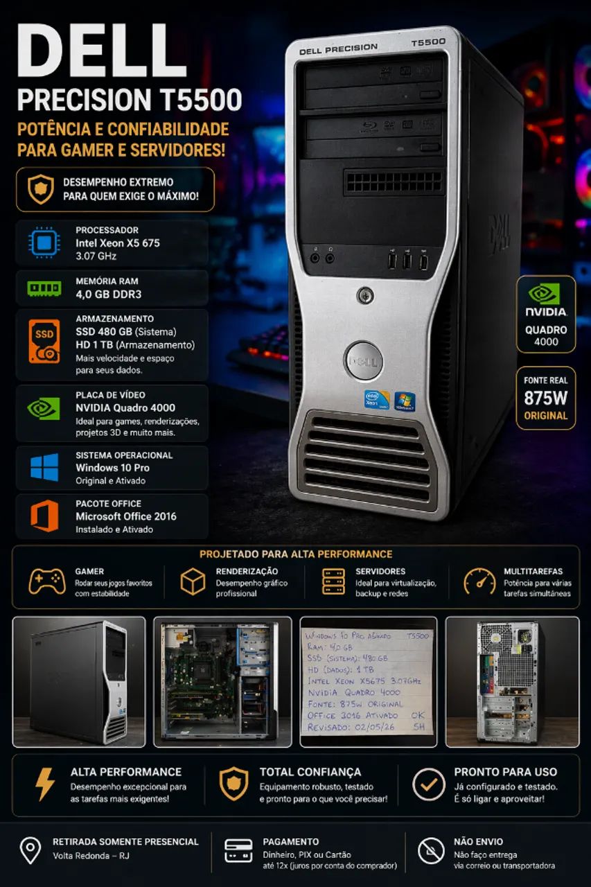 Servidor Dell Precision T5500 Intel XEON X5 675 i3 SSD 480GB