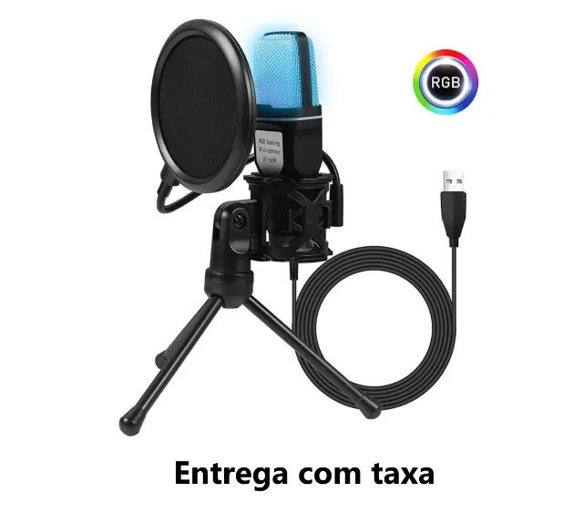 Microfone condensador RGB usb com filtro e tripé p/ pc, ps4, ps5