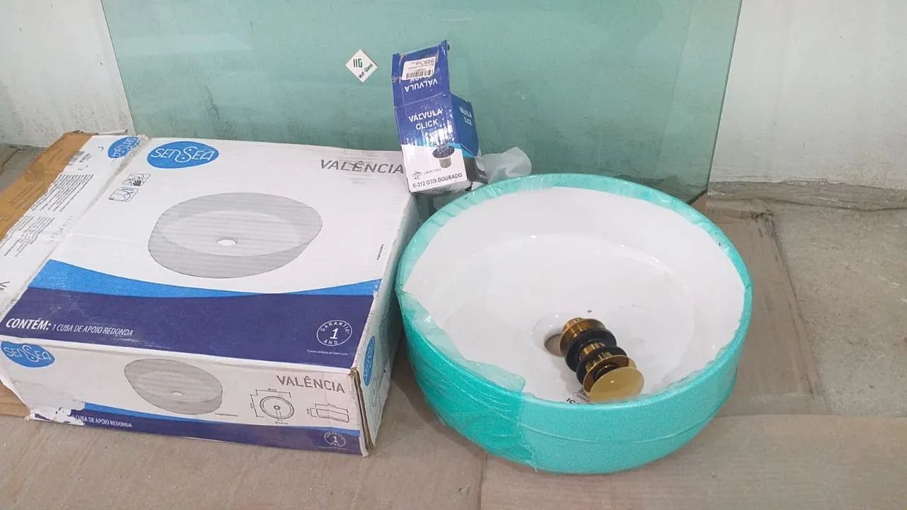 Cuba para Banheiro Louça Redonda Branca 35cm Valência Sensea vem com válvula click dourada