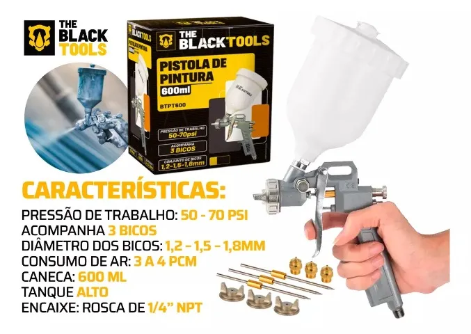 Pistola Pintura Black Tools Gravidade 600ml + 3 Bicos 1.2 1.5 1.8 Mm