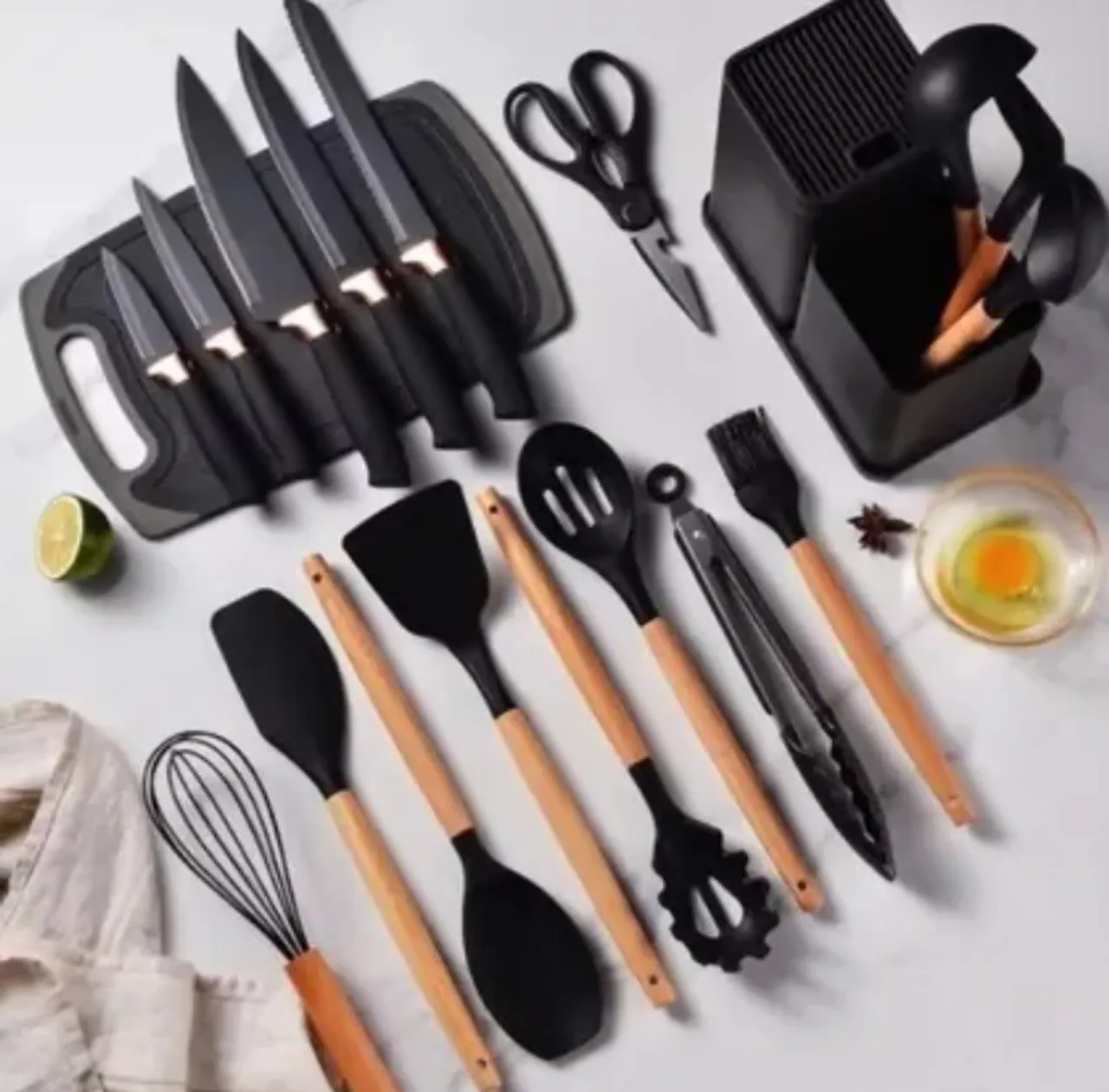Kit Utensílios de Cozinha em Aço Inox e Madeira