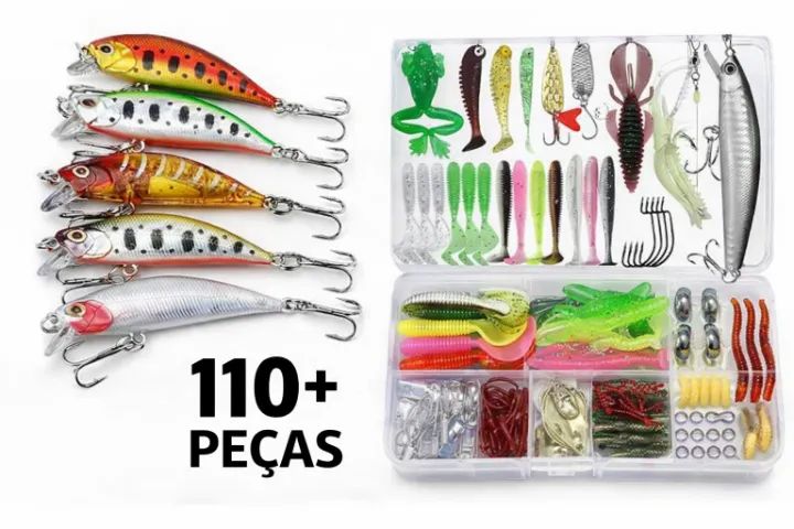 Kit Iscas Artificiais + 105 Peças | Pesca Tucunaré, Robalo + Branco
