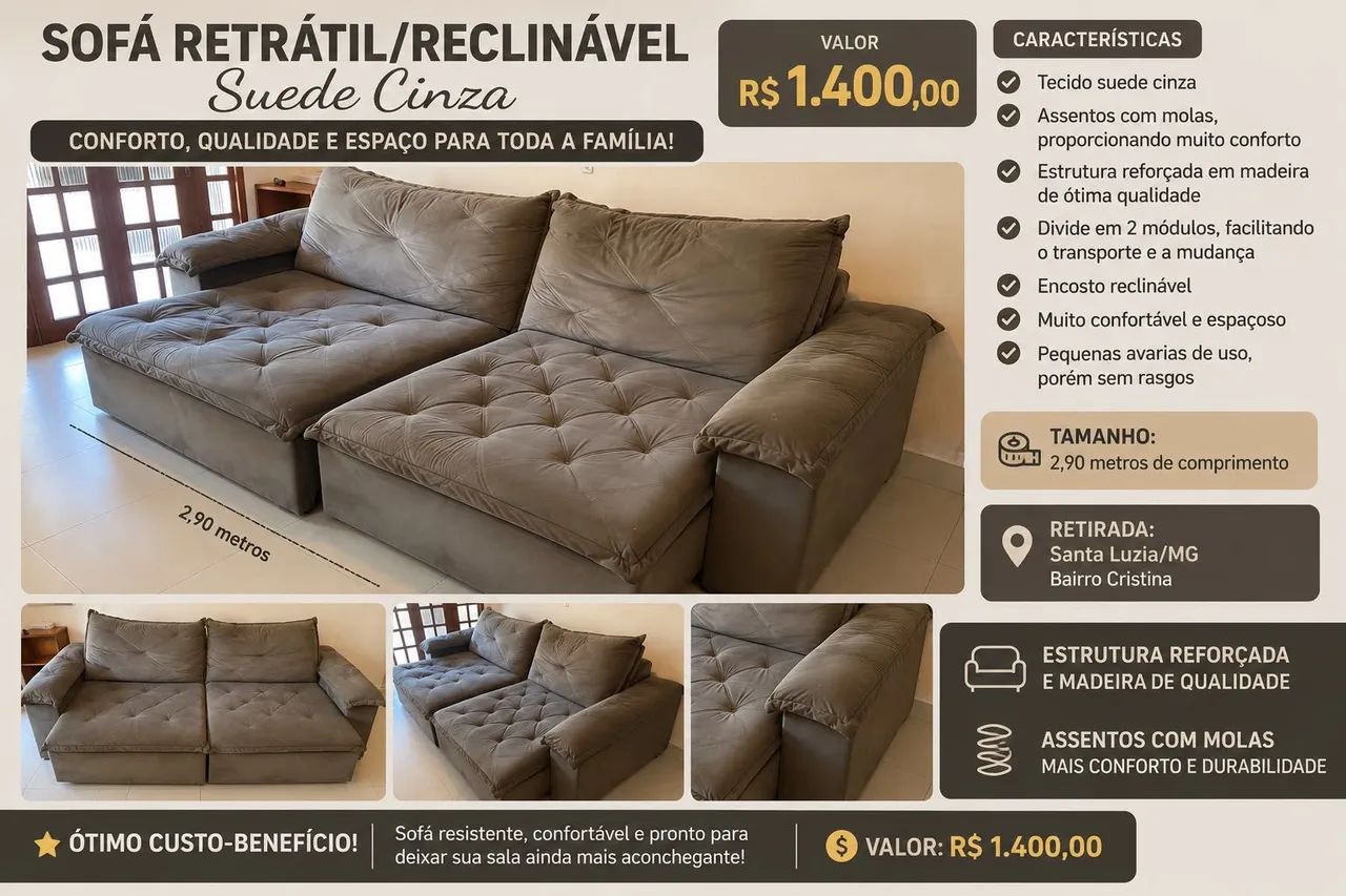 Sofá Retrátil reclinável 
