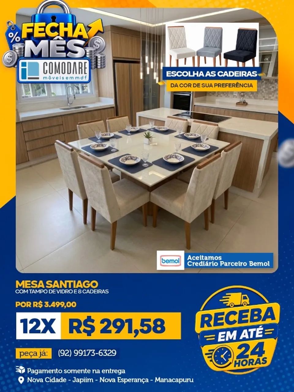 Mesa Santiago com Tampo de Vidro e 8 Cadeiras - R$ 3.499,00
