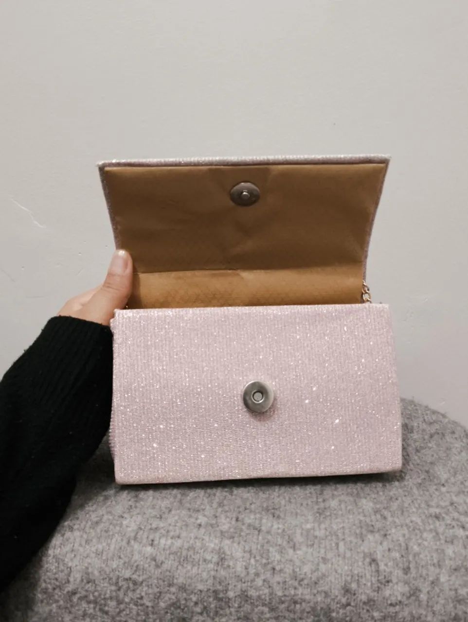 Bolsa Clutch de Festa Glitter Rosé com Alça Dourada - Foto 5