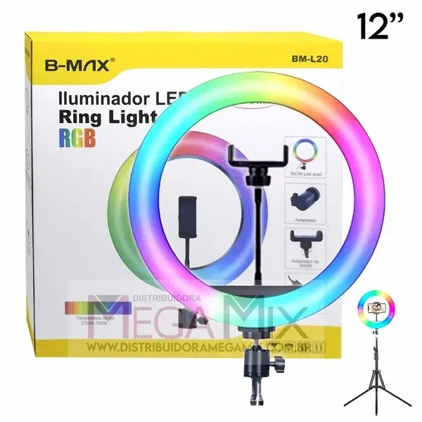 Iluminador Ring Light RGB 12'' com Tripé 2.1m BM-L20 - B-Max 010275