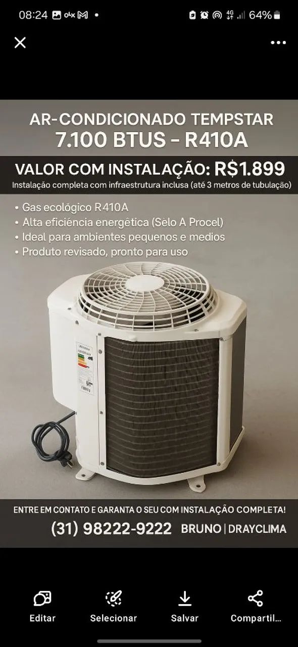 Ar Condicionado Tempstar 7.100 BTUs - R410A com Instalação