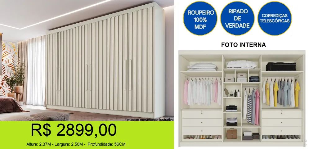 Roupeiro 6 portas ripado cor off white