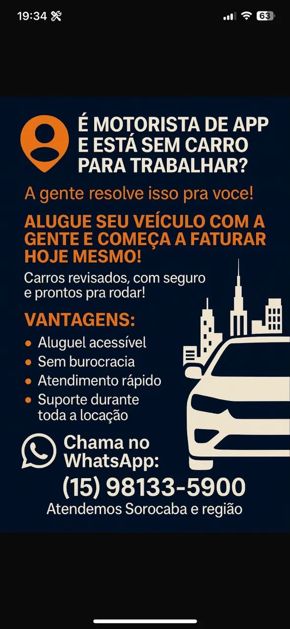 ALUGUEL DE CARRO PARA MOTORISTA DE APP