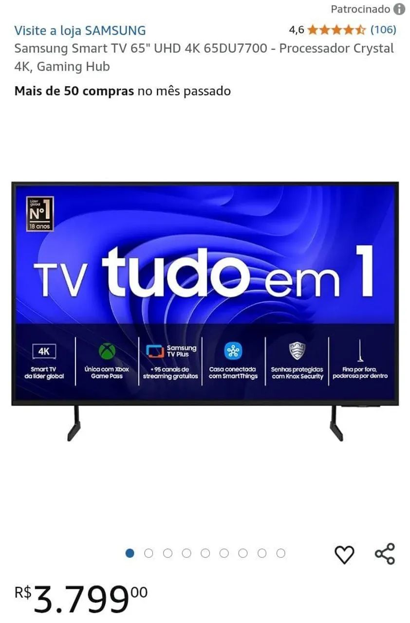 Samsung Smart TV 65'' UHD 4K 65DU7700 - Processador Crystal 4K, Gaming Hub