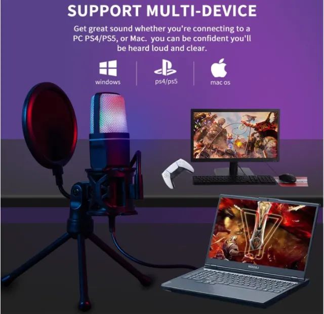 Microfone condensador RGB usb com filtro e tripé p/ pc, ps4, ps5 - Foto 3