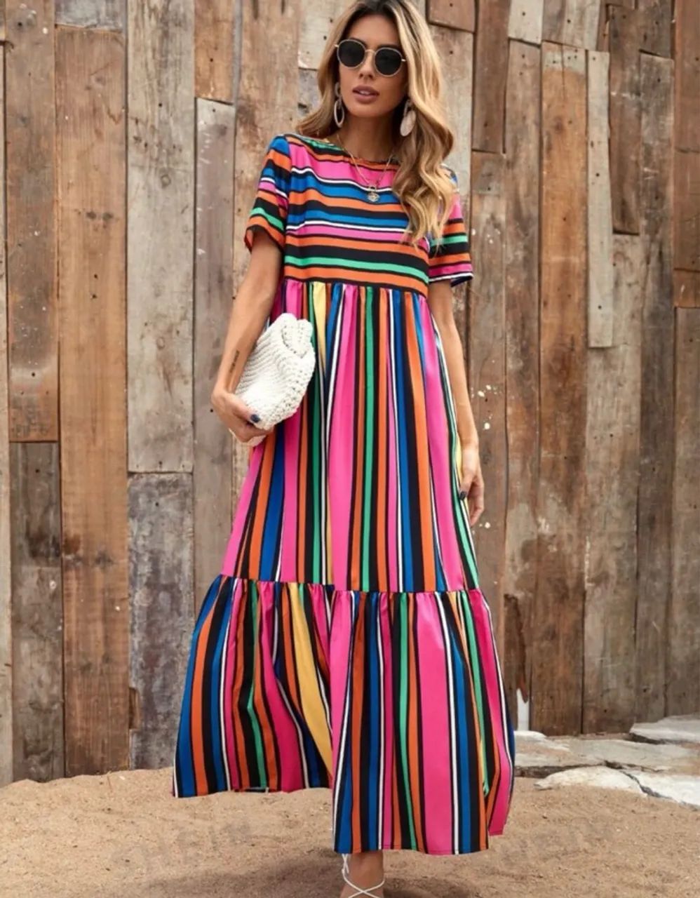 Vestido Longo Listrado Colorido