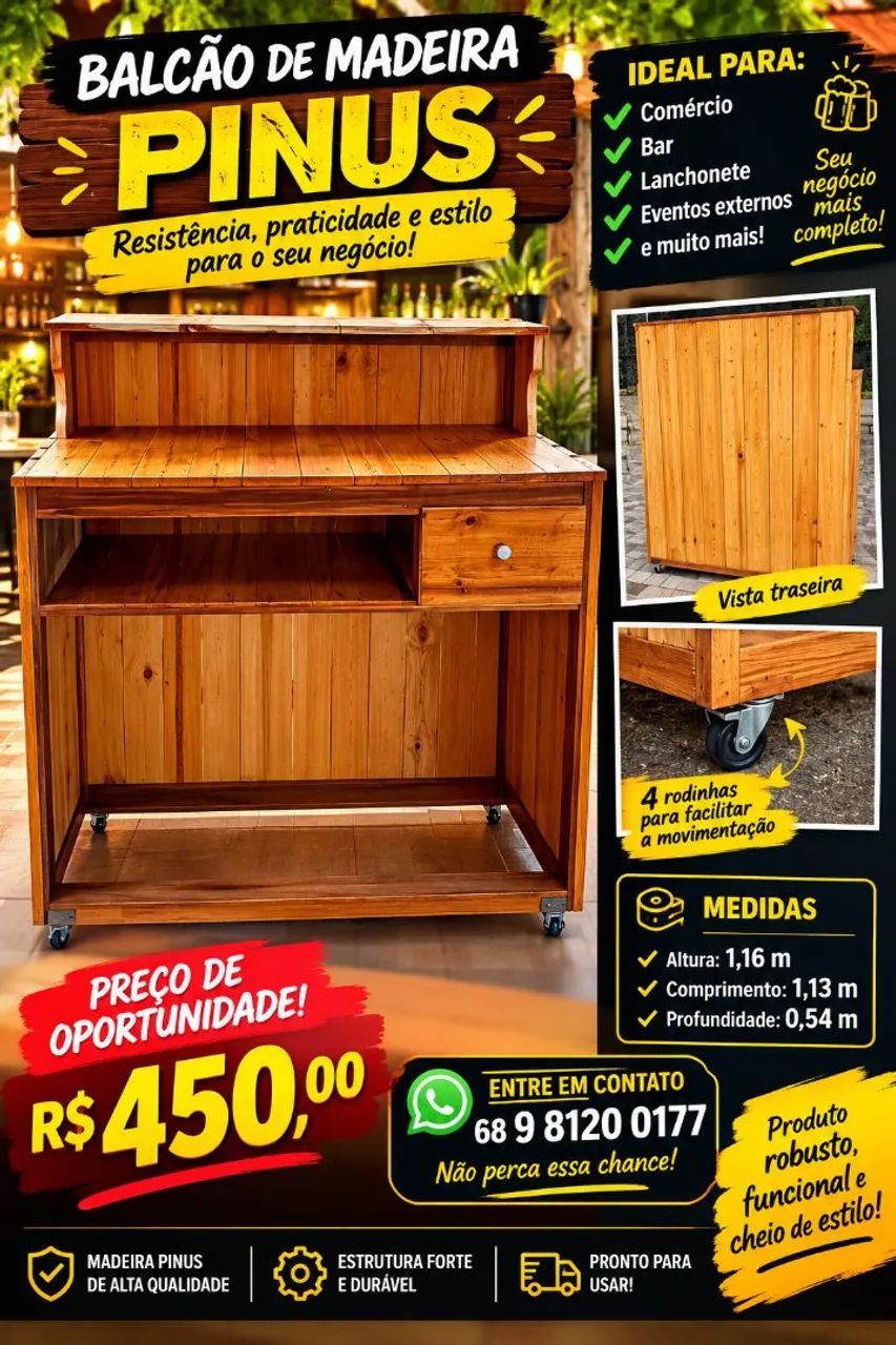 BALCÃO DE MADEIRA PINUS <br>? PREÇO DE OPORTUNIDADE! Balcão