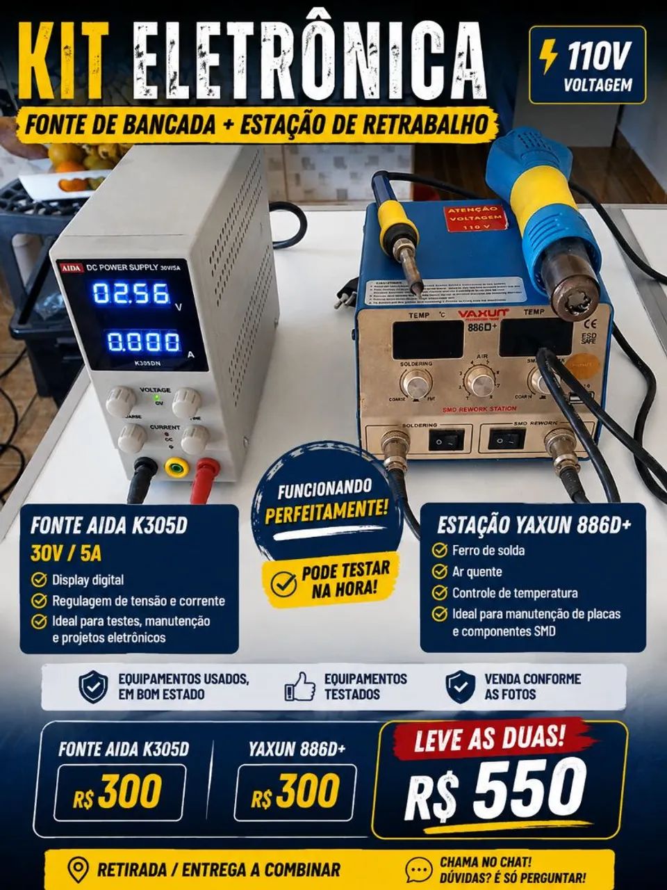 Kit eletrônica - Estação de retrabalho + fonte de bancada 