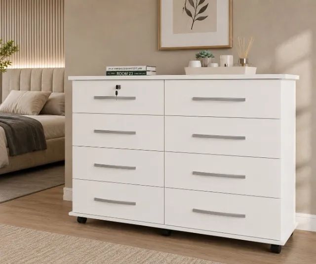 Cômoda jade 8 gavetas e rodizios branca