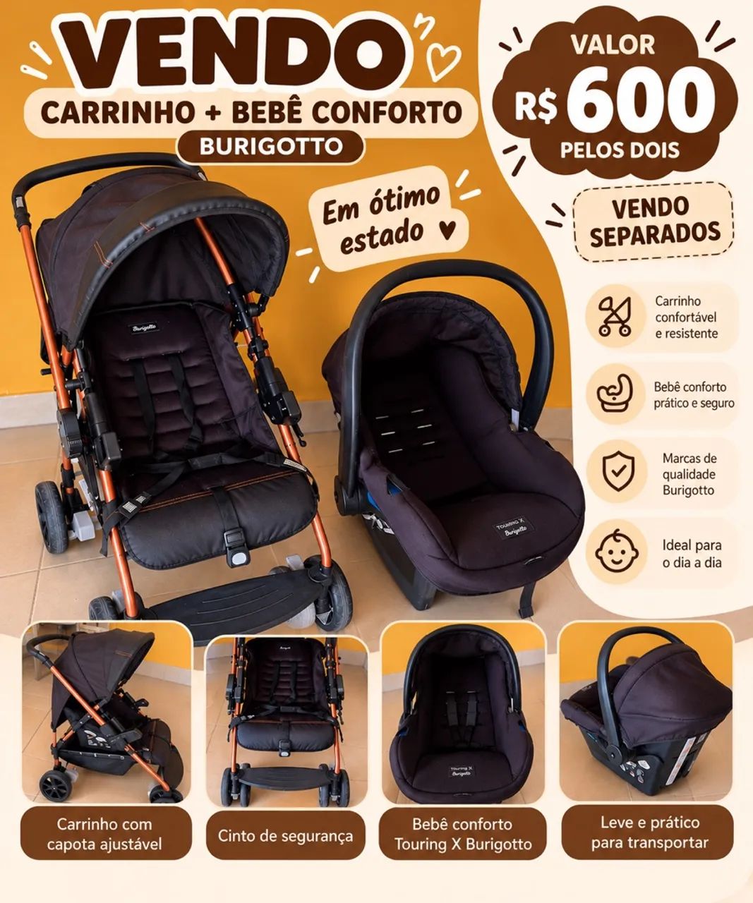 Vendo carrinho e bebê conforto 
