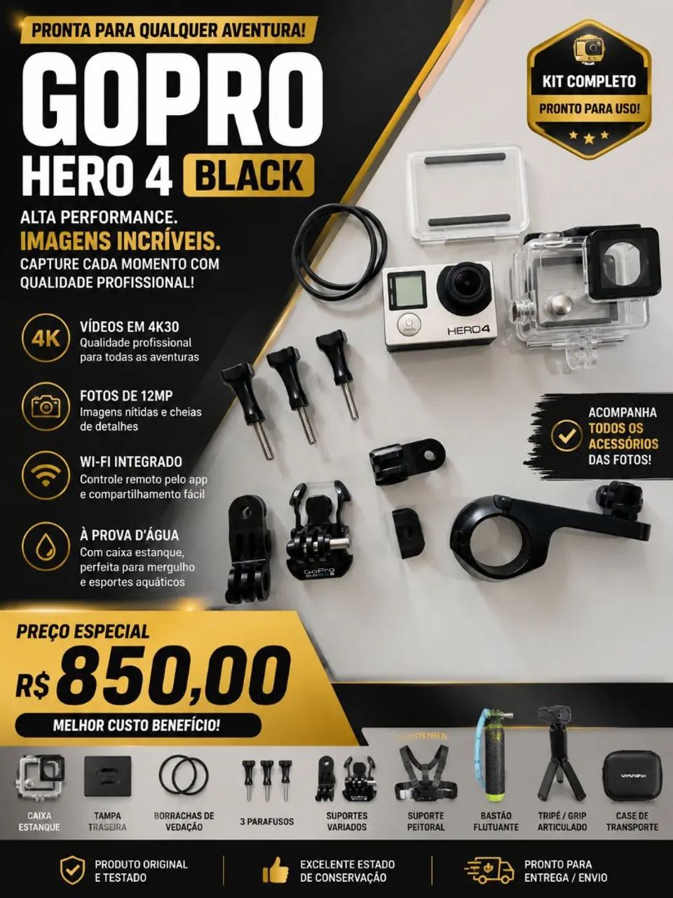 GoPro Hero 4 Black + Kit Completo de Acessórios + Caixa Original