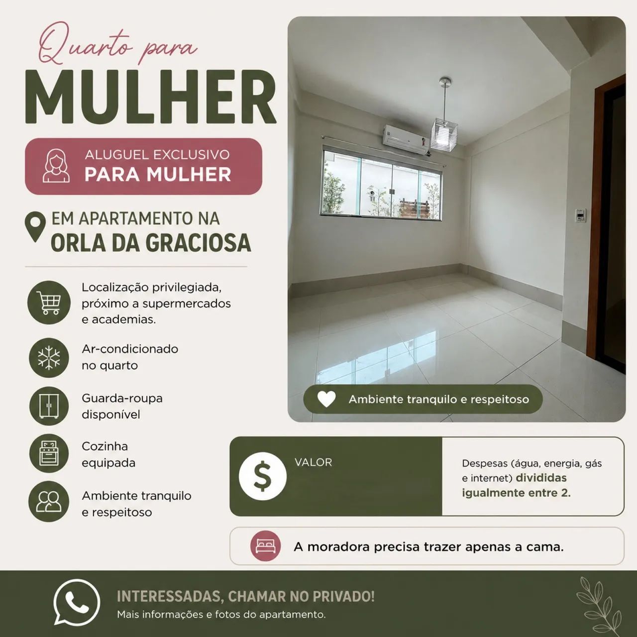 Aluguel de quarto na Orla (apenas Mulheres) 
