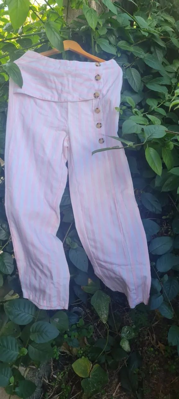 Calça Listada branca e rosa _ longa_ Tam.:G _ R$15,00