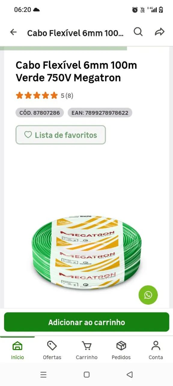 2  peças de Cabos elétricos 6mm azul e verde *