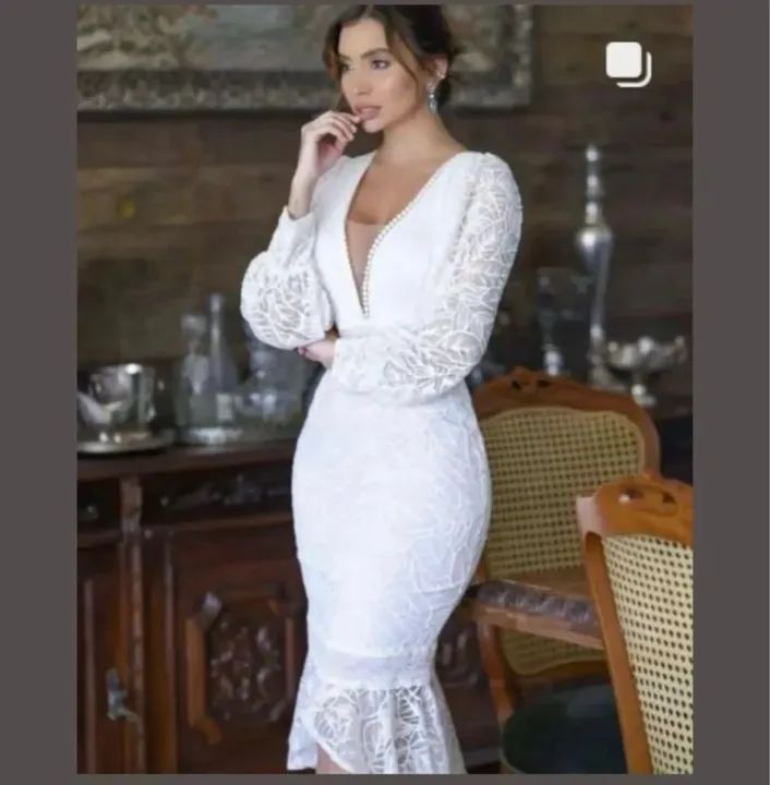 Vestido Noiva Midi Branco Elegante - Renda e pérolas  - Foto 2