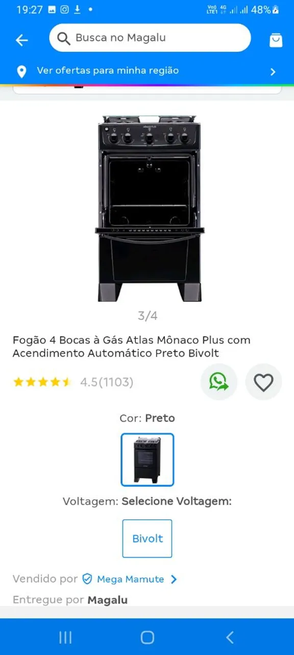 R$520,00 - Fogão à gás 4 Bocas ( NOVO, NA CAIXA) Atlas Mônaco Plus Preto Bivolt