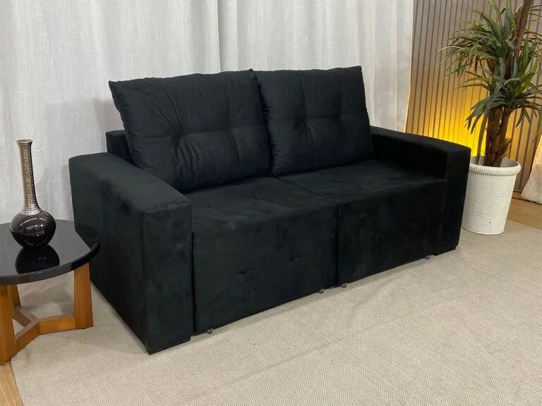 Sofá Retrátil 2 Lugares Almofadas Soltas 180cm Preto - Foto 2