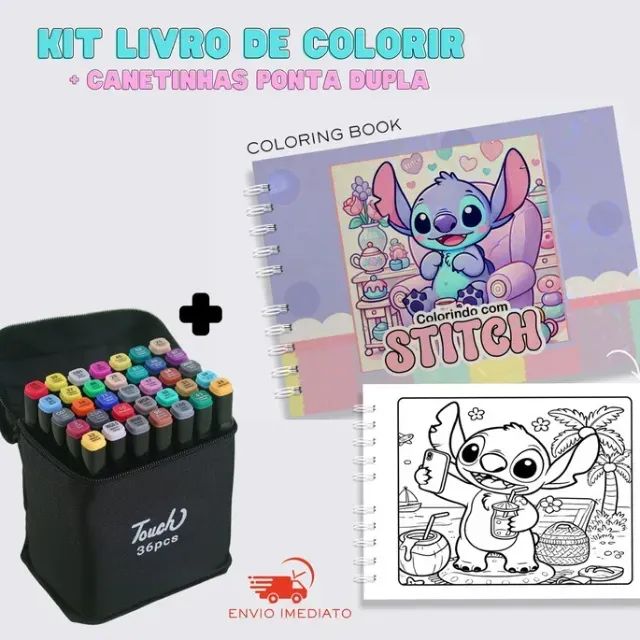 Kit 36 Canetas + Livro de Colorir Capa Dura Bobbie Goods Stich