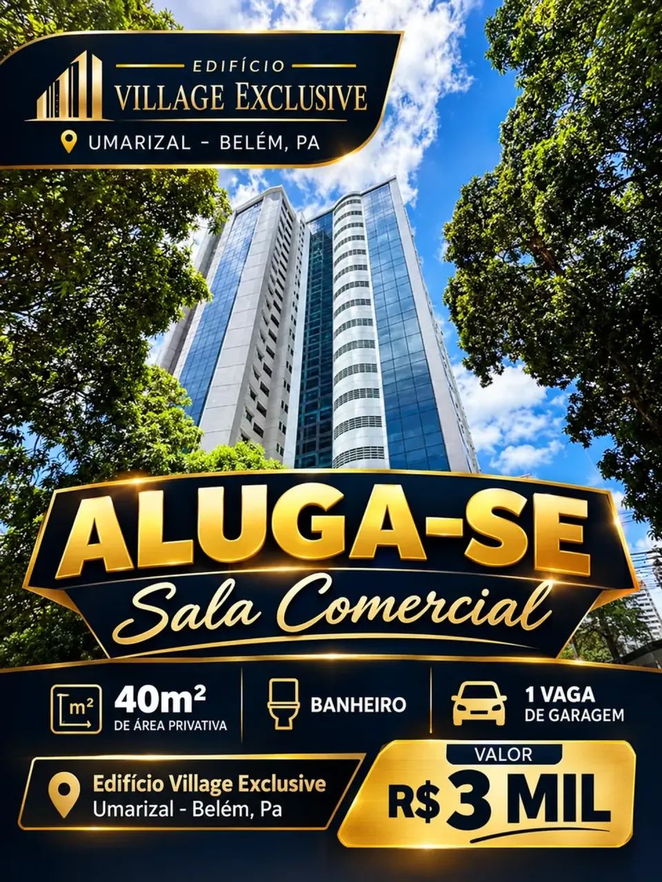 Aluga Sala Comercial com 40m2 andar alto no Edificio Village Exclusive, Umarizal, Belém, P
