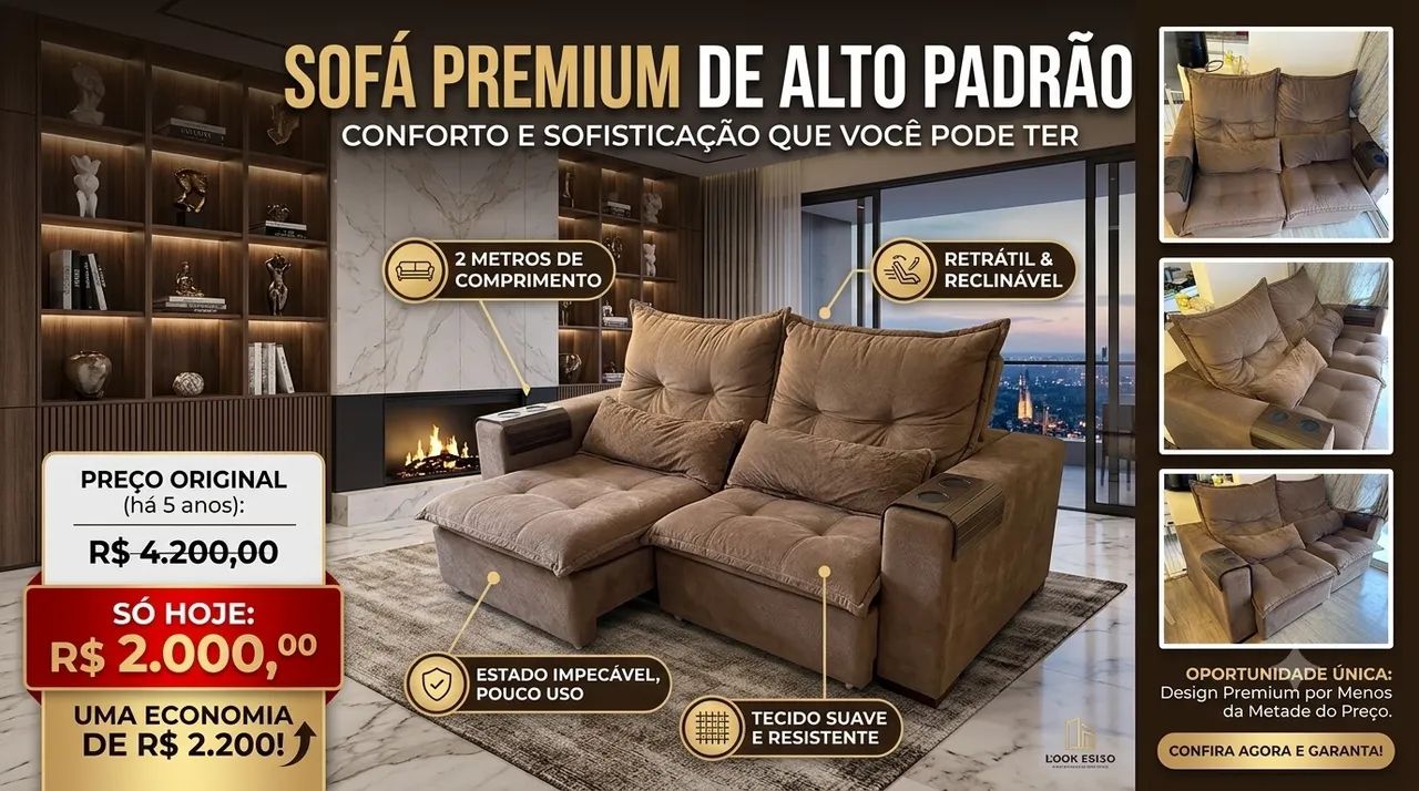 ? SOFÁ LUXO RETRÁTIL E RECLINÁVEL - 2 METROS | EXCELENTE ESTADO - Foto 3