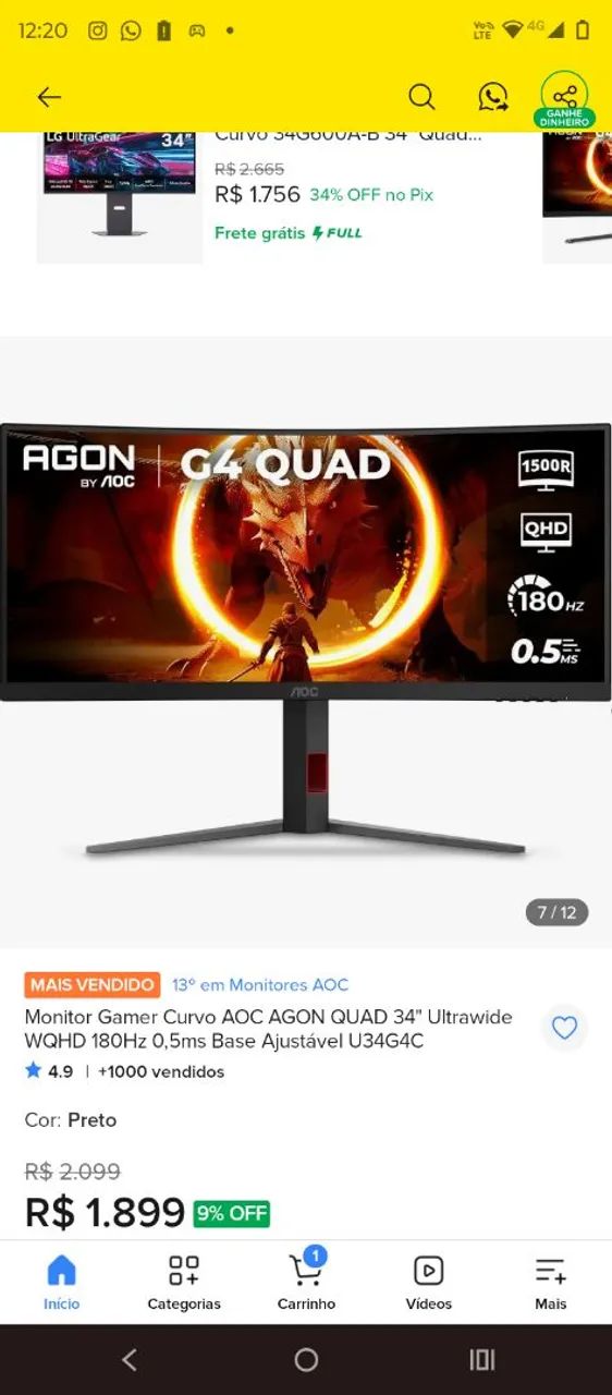 Monitor  curvo AOC gamer 34 polegadas novo na caixa com nota fiscal