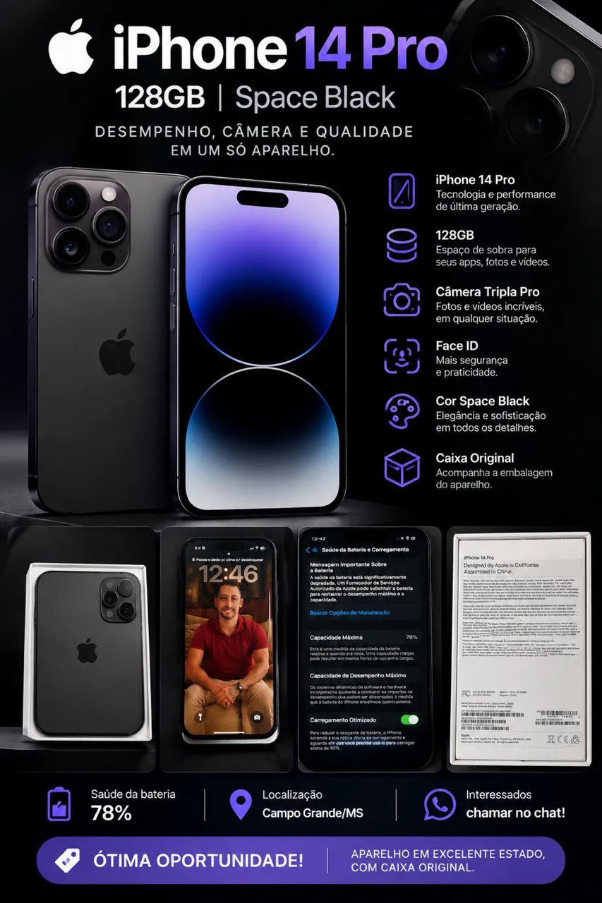 Vendo iPhone 14 Pro 128GB - Space Black - Celulares e Smartphones