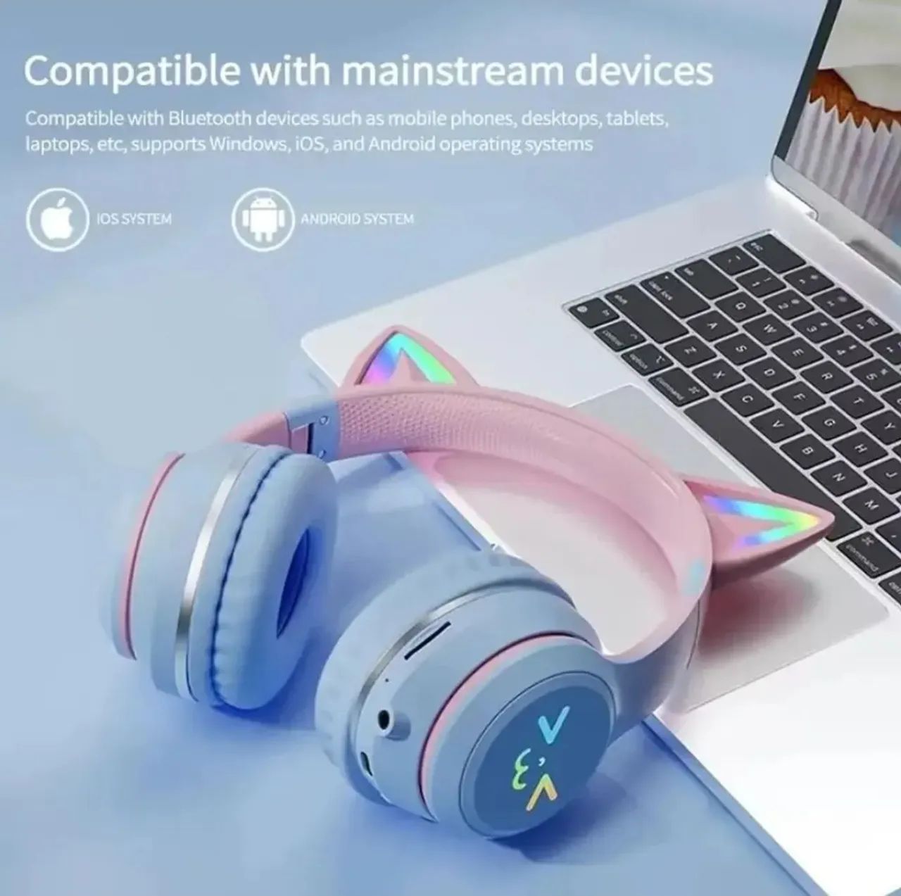 Headphone bluetooth rosa e azul LED infantil 