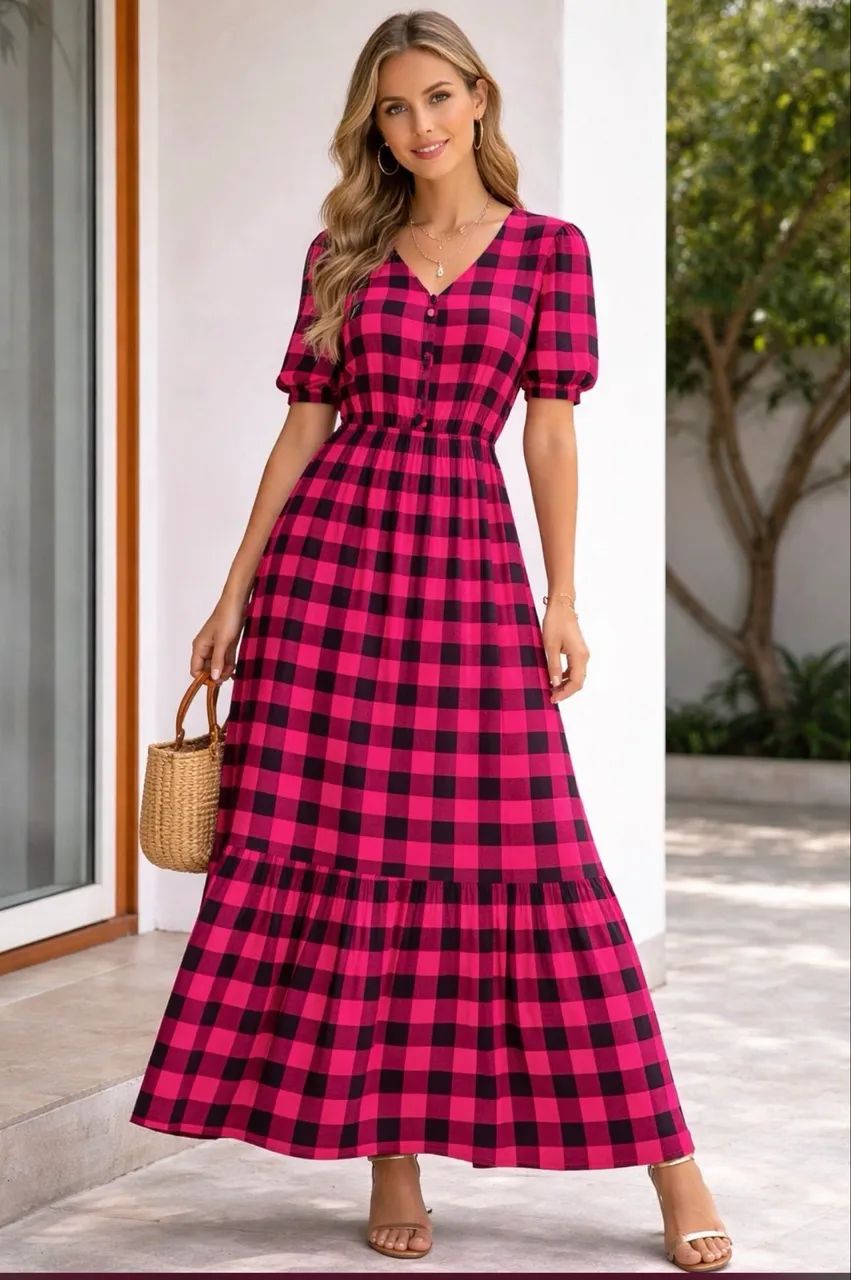 vestido longo xadrez pink/preto