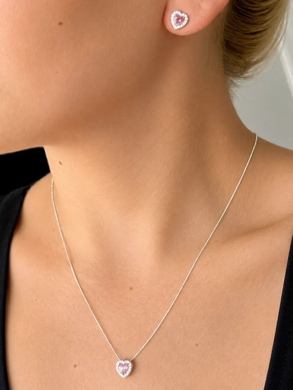 Conjunto Prata 925 Brinco e Colar Coração Cravejado