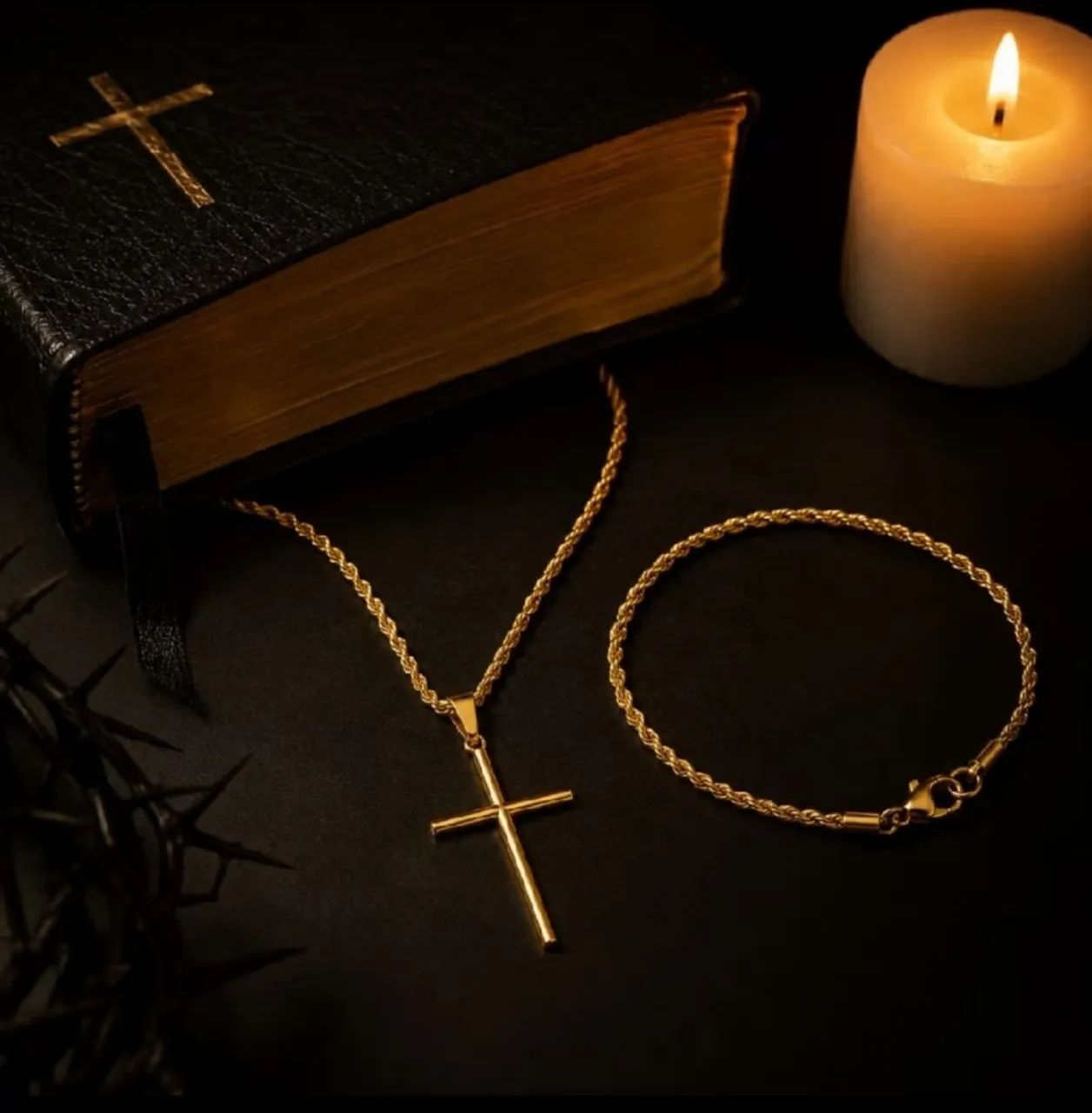 Corrente Trançada + Pingente Cruz + Pulseira Banhados a ouro 18k 