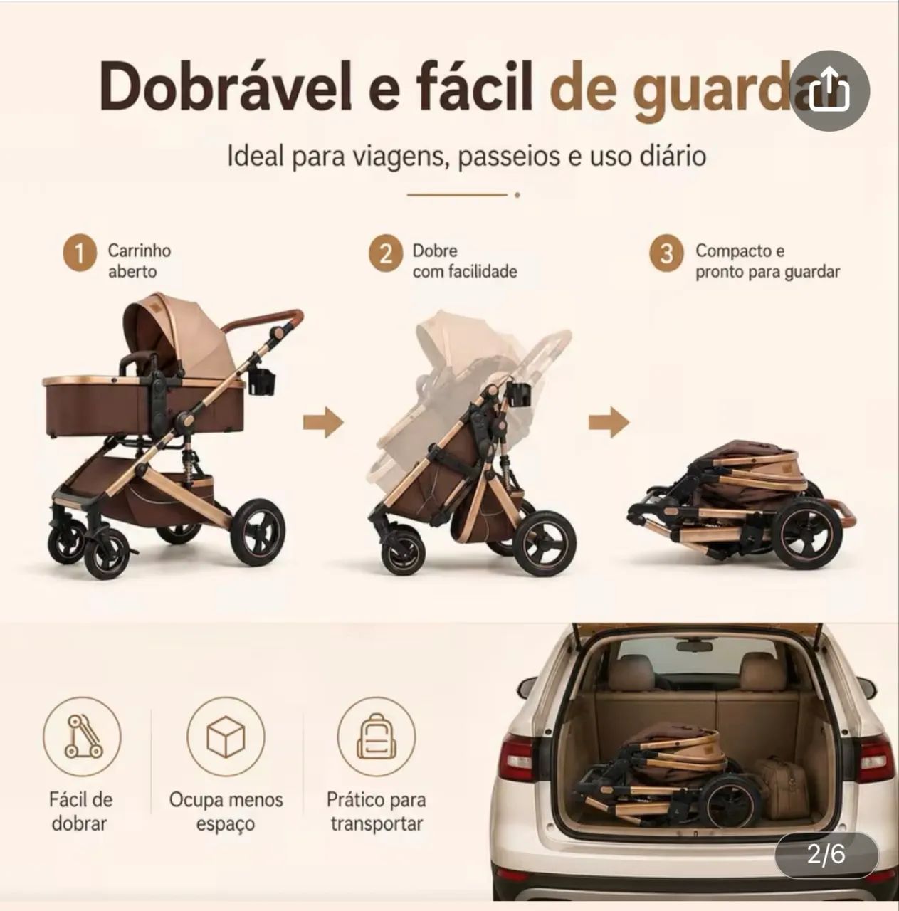 Carrinho de bebê com moisés marrom - novo, nunca usado