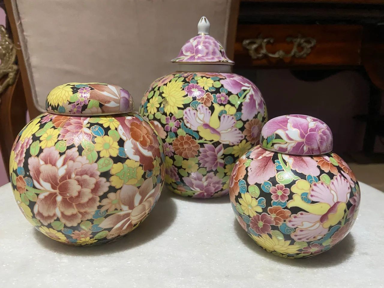 Kit de 3 potiches chineses tema floral