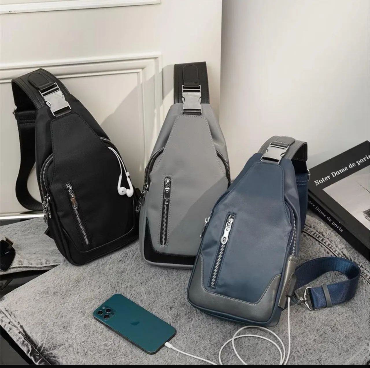 Mochila Sling Cinza - USB, Impermeável, Moderna - Foto 2