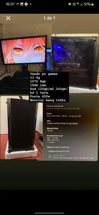 PC Gamer Completo - i3 9ª Geração - GTX 1070 - 16GB RAM