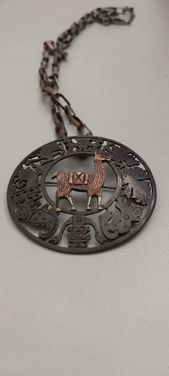 Jóia Peruana Vintage - prata 925 - colar + medalhão/broche 