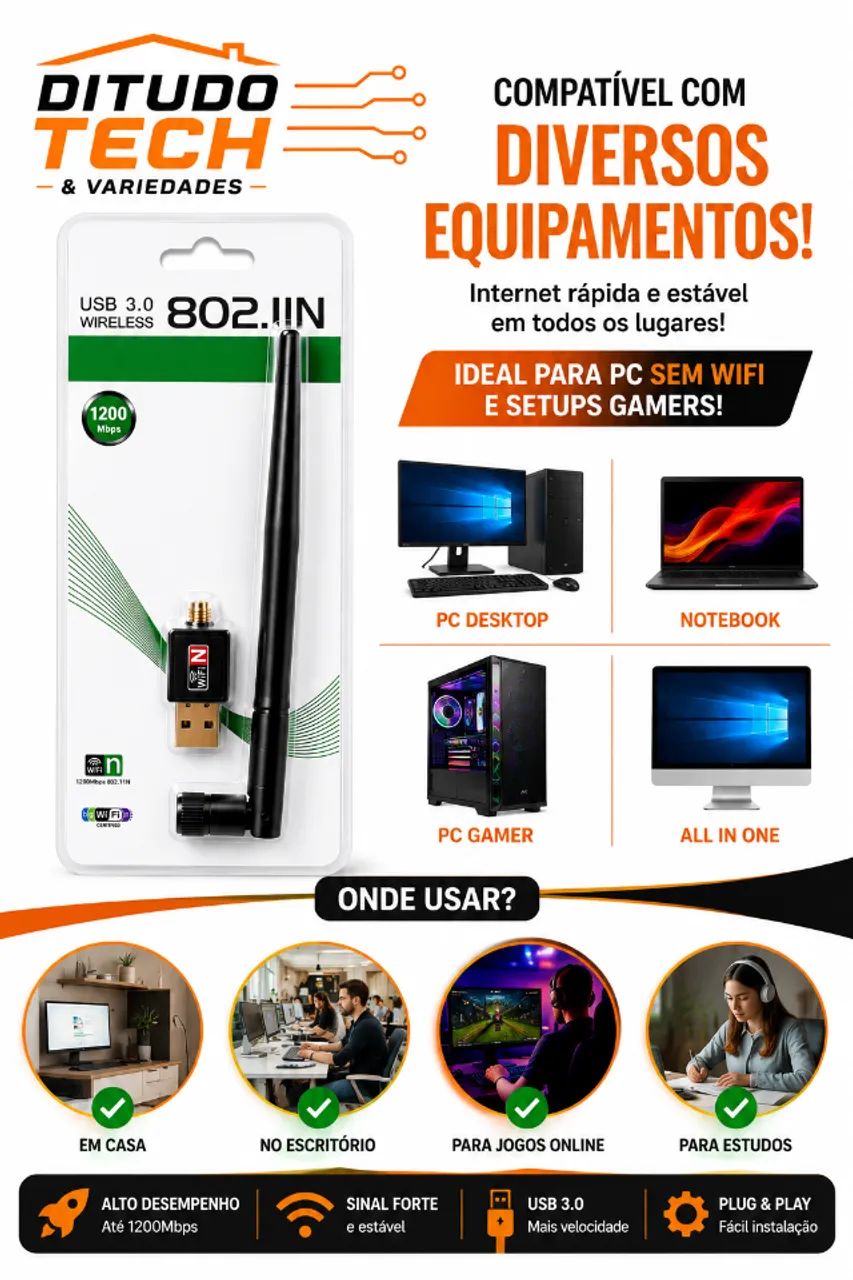 Antena WiFi USB Para PC Gamer 1200Mbps 802.11N - Novo - Ditudo Tech e Variedades - Foto 3