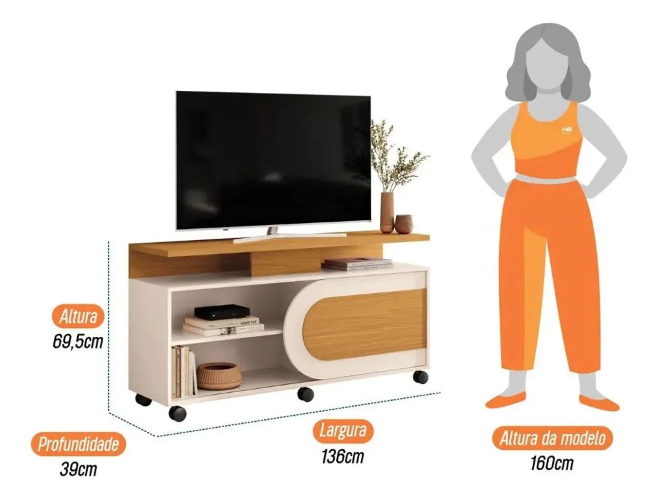 Rack Para Tv Até 55 Polegadas 1 Porta De Correr Com Rodízios 1.36 Cinamomo/Off <br> - Foto 5