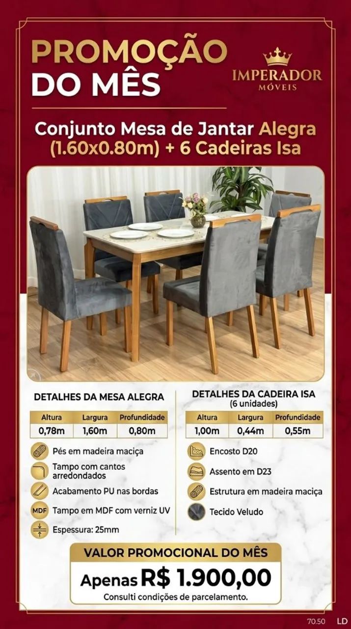 Conjunto Mesa de Jantar Alegra + 6 Cadeiras 