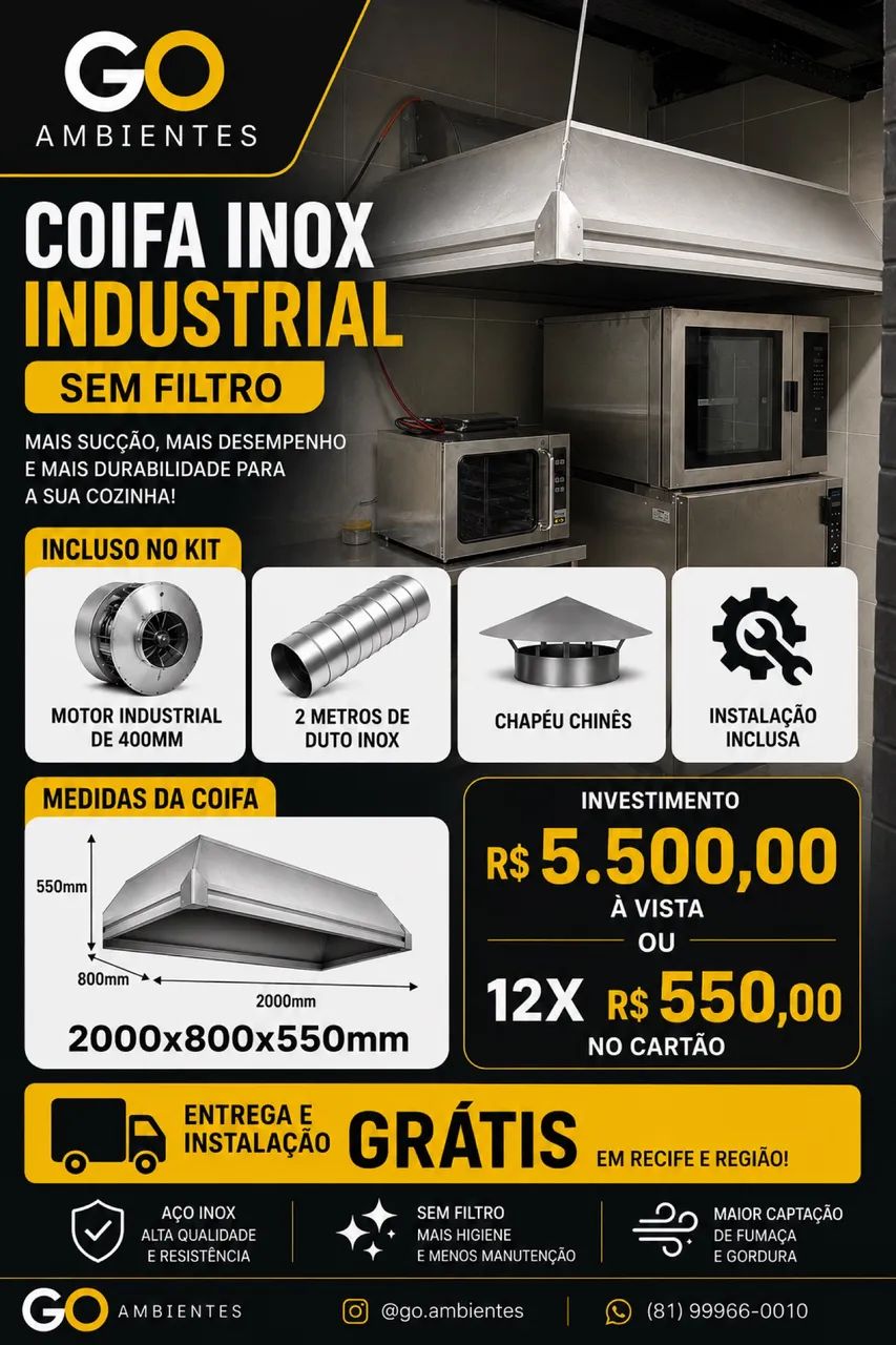 Coifa em aço inox completa.