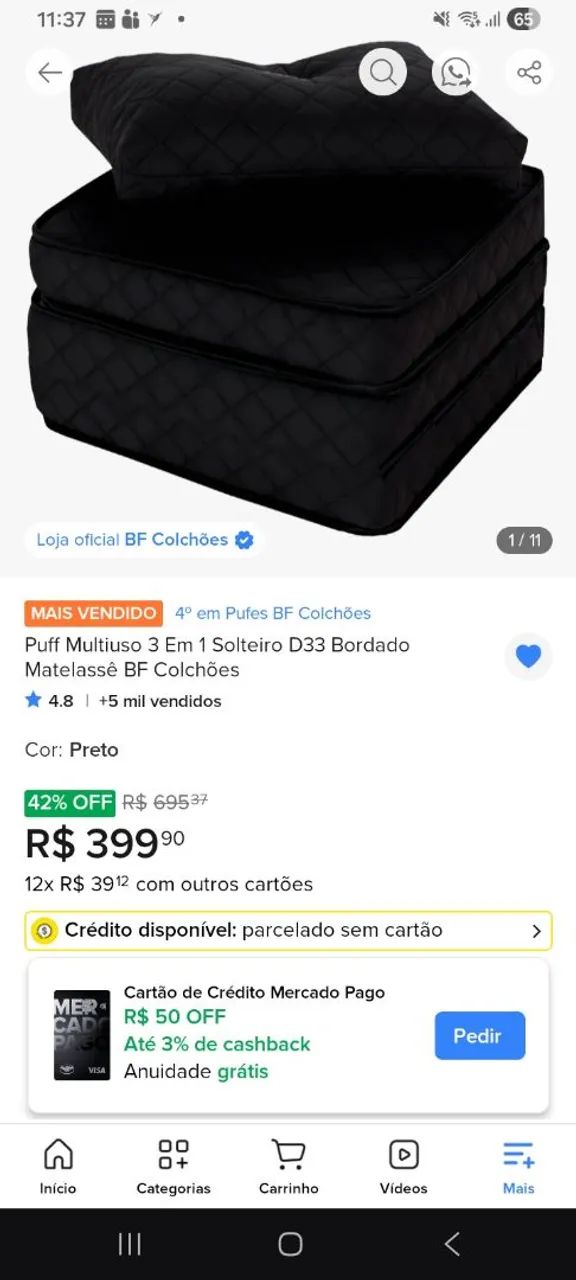 Puff multiuso 3 em 1 solteiro D33 preto BF colchões  - Foto 5