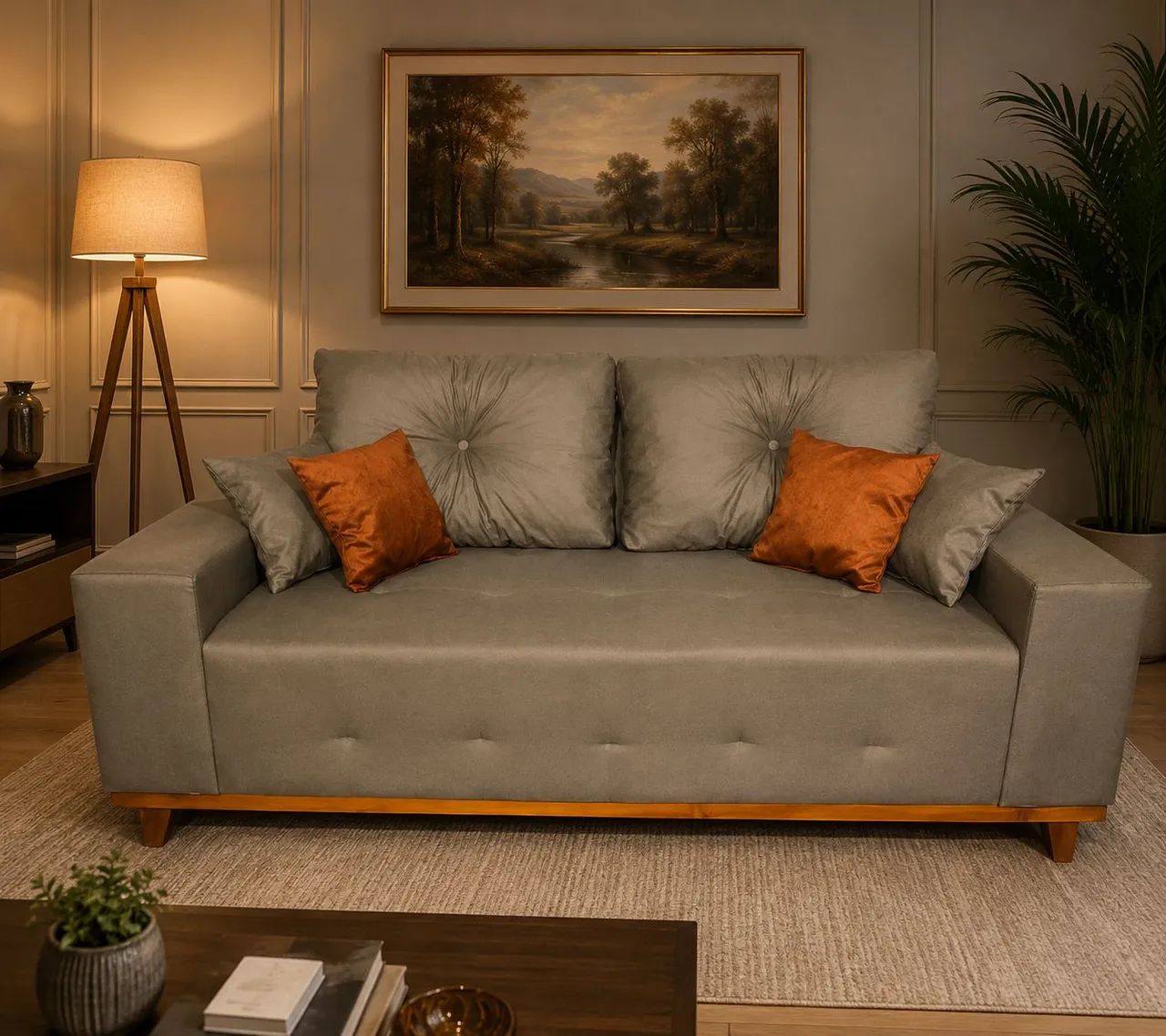 Sofá retrô quadrado 3 lugares com 4 almofadas decorativas grátis 
