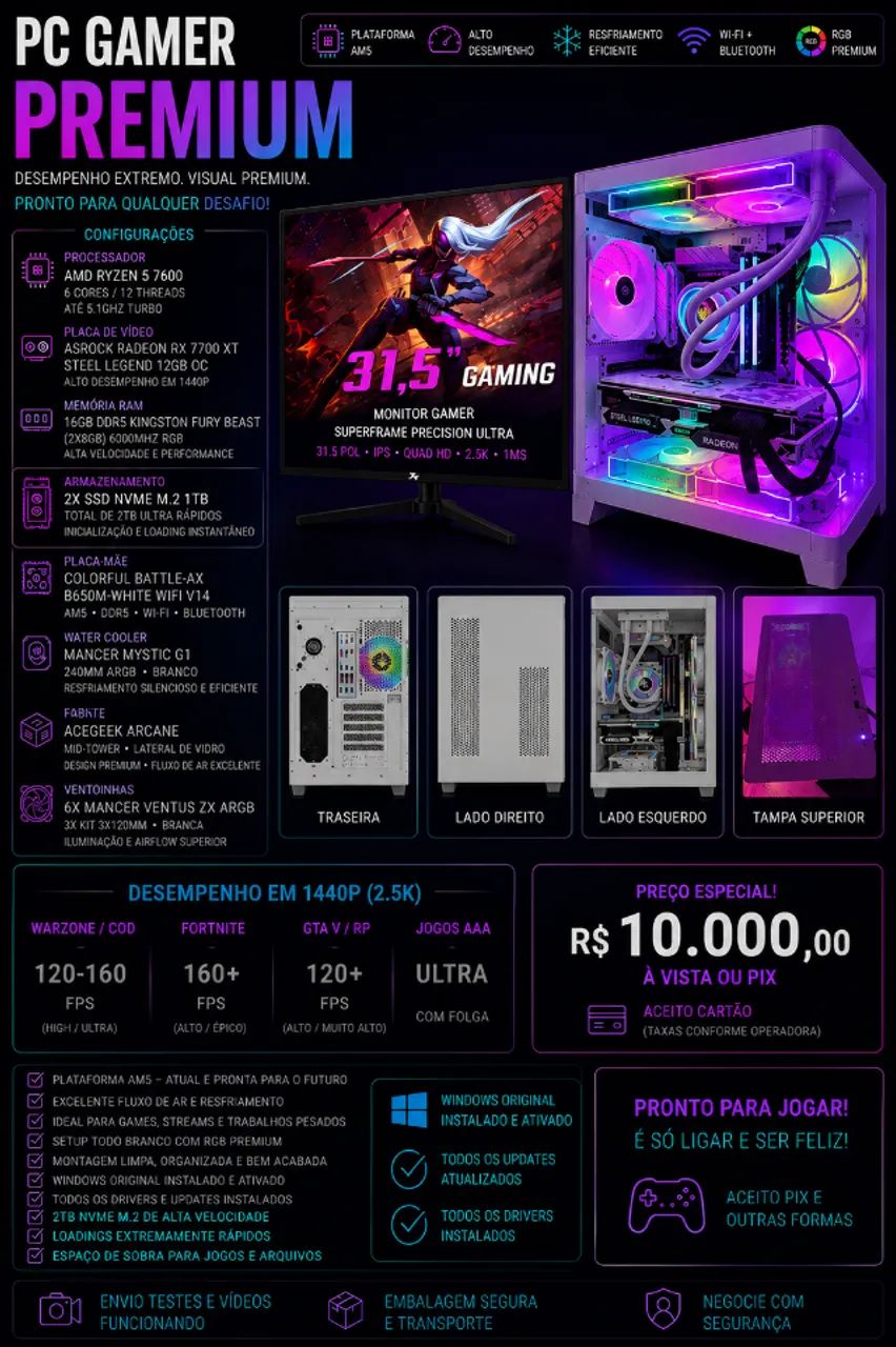 Pc Gamer White Ryzen 7600 Rx 7700xt 32 Qhd Am5 16 Ram (Usado