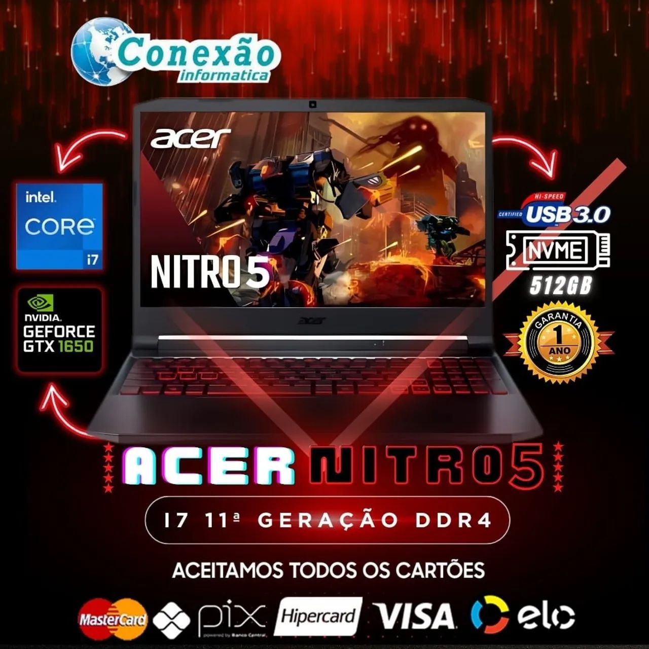Notebook Gamer Acer Nitro 5 Core i7 11° Ger DDR4 (A pronta entrega)